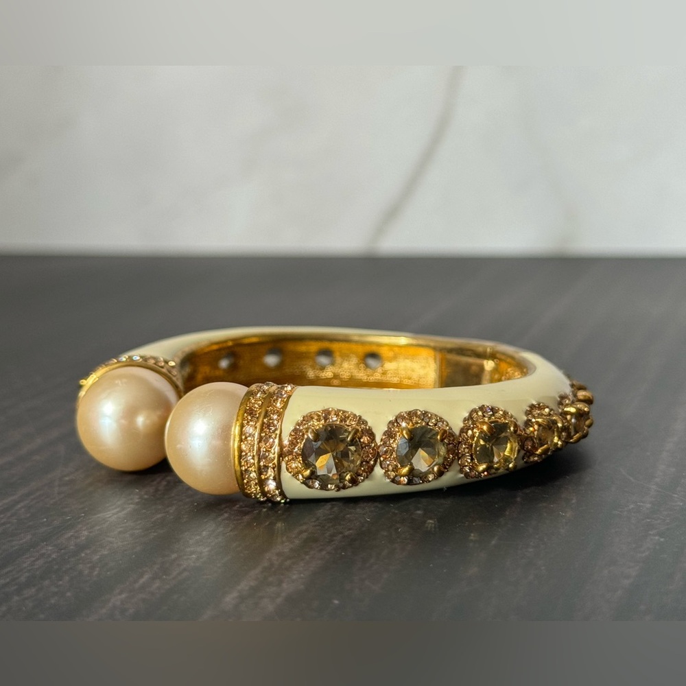 Embellished Hinged Enamel Bangle Bracelet Gold Topaz Vintage 90s